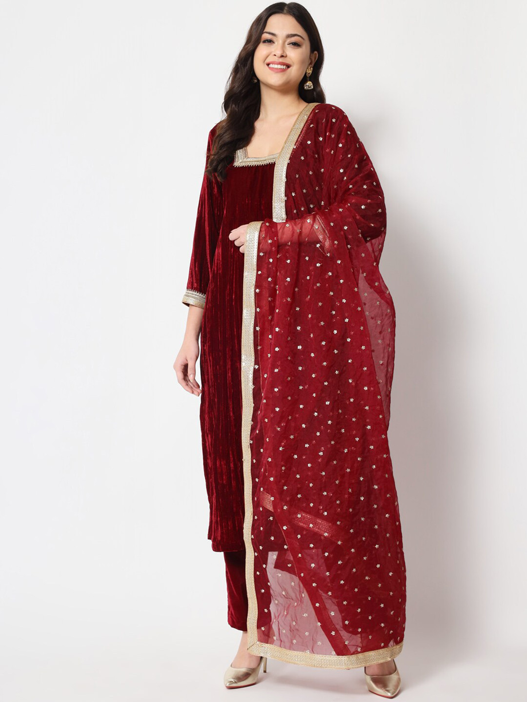 

anokherang Women Ethnic Motifs Velvet Kurta Set, Maroon