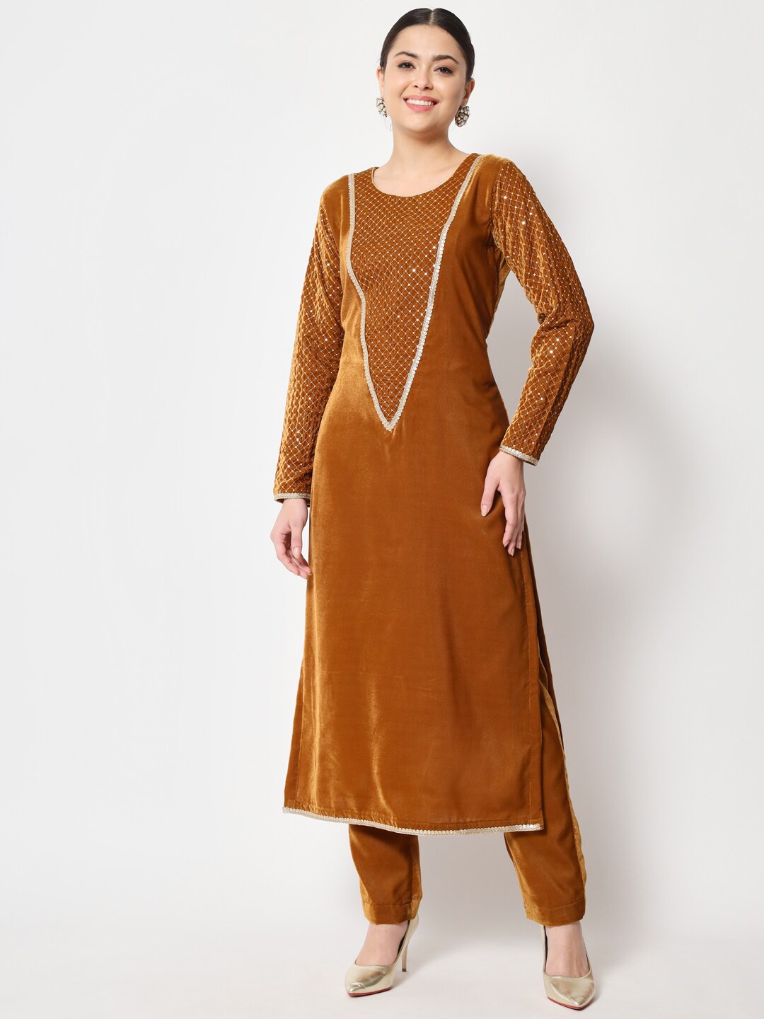 

anokherang Women Ethnic Motifs Embroidered Velvet Kurta with Trousers, Mustard
