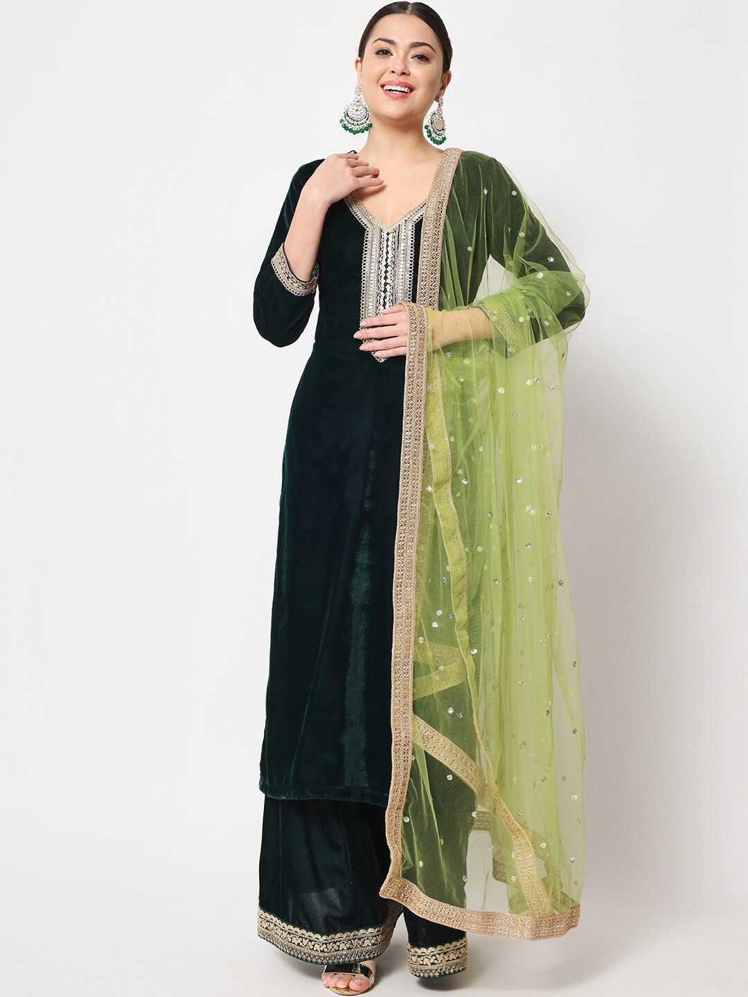 

anokherang Women Ethnic Motifs Embroidered Velvet Kurta with Palazzos & With Dupatta, Green