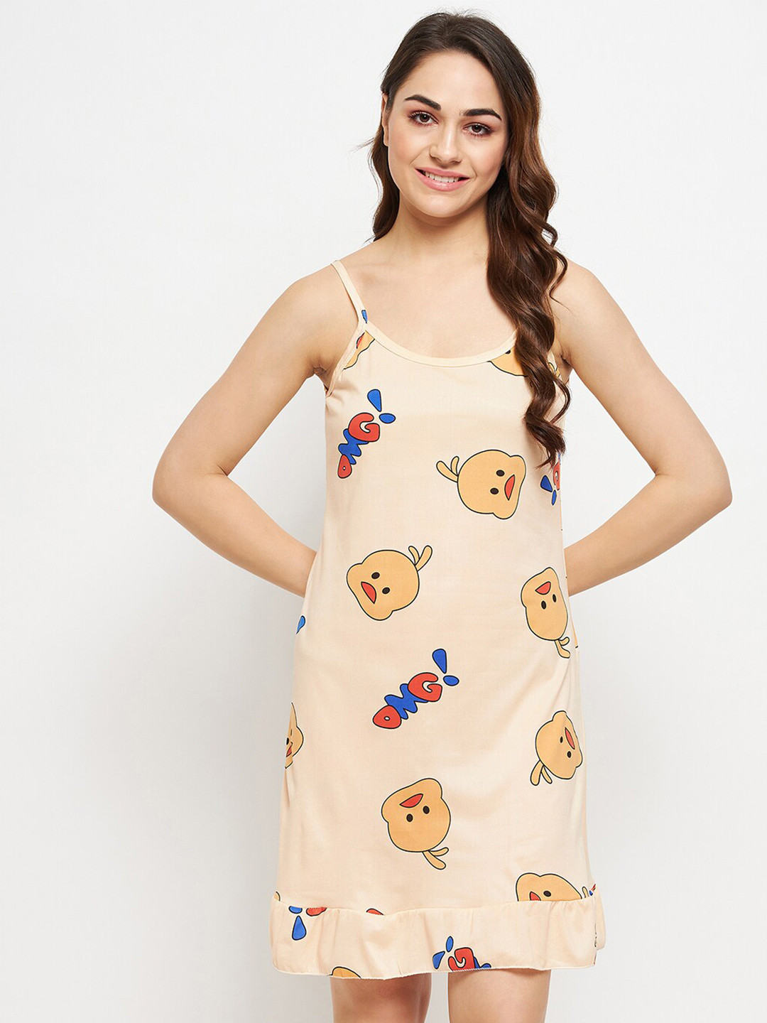 

Camey Cartoon Characters Printed Shoulder Strap Nightdress, Beige