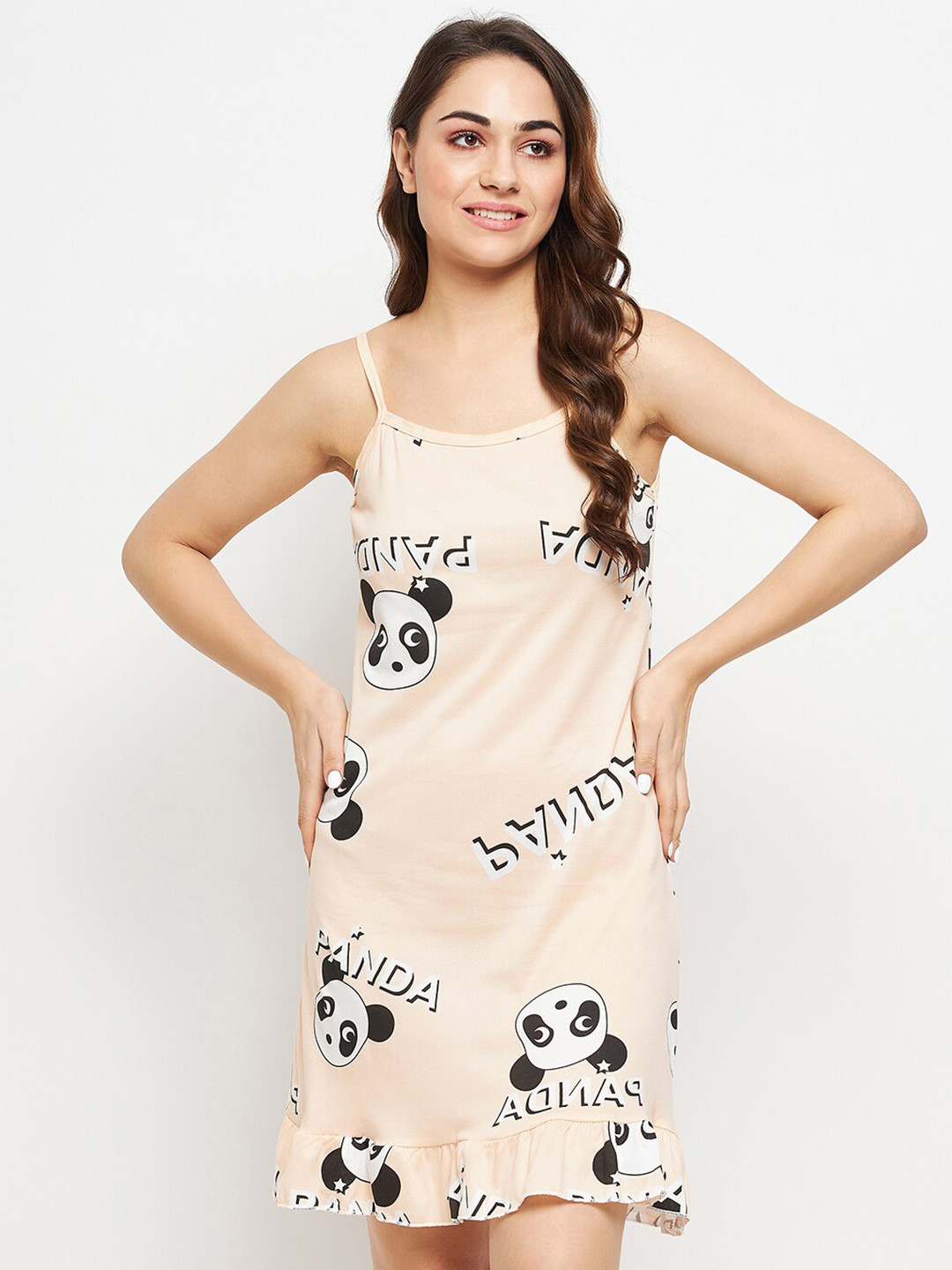 

Camey Cartoon Characters Printed Shoulder Strap Nightdress, Beige