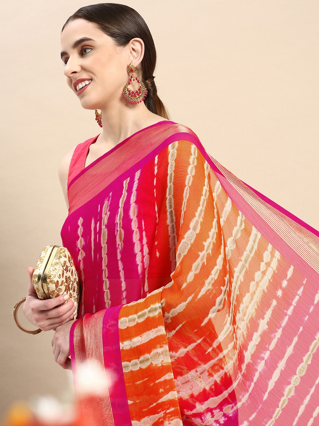 

Triveni Embellished Beads & Stones Organza Saree, Pink