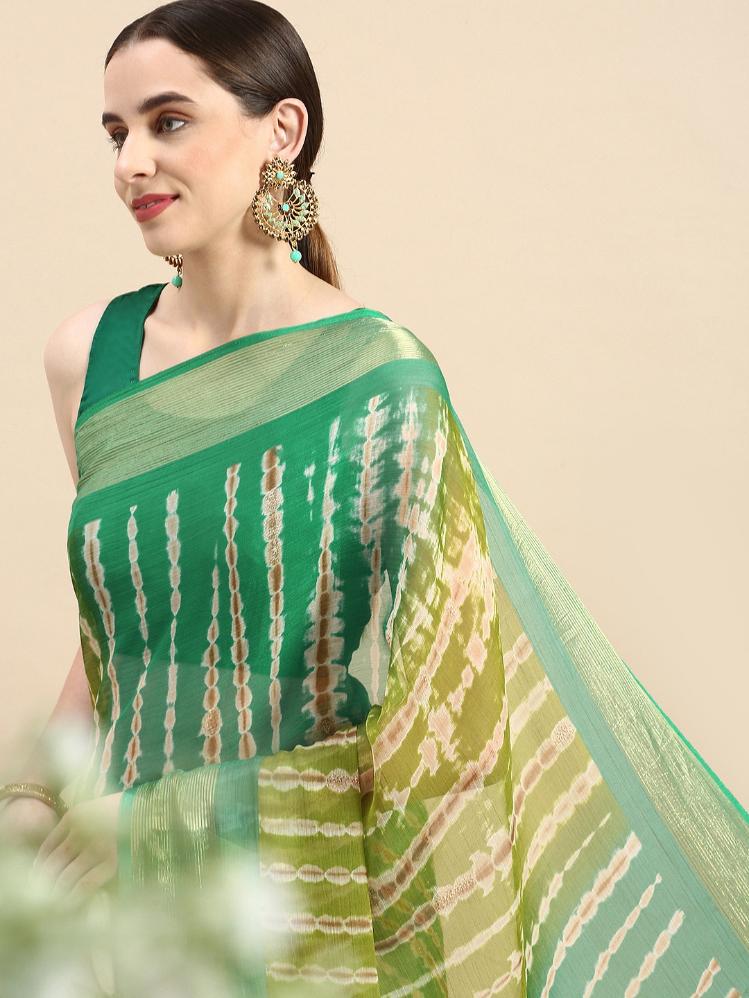 

Triveni Embellished Beads & Stones Organza Saree, Green