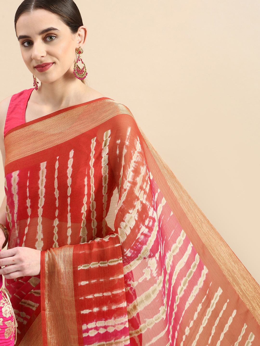 

Triveni Embellished Beads & Stones Organza Saree, Red