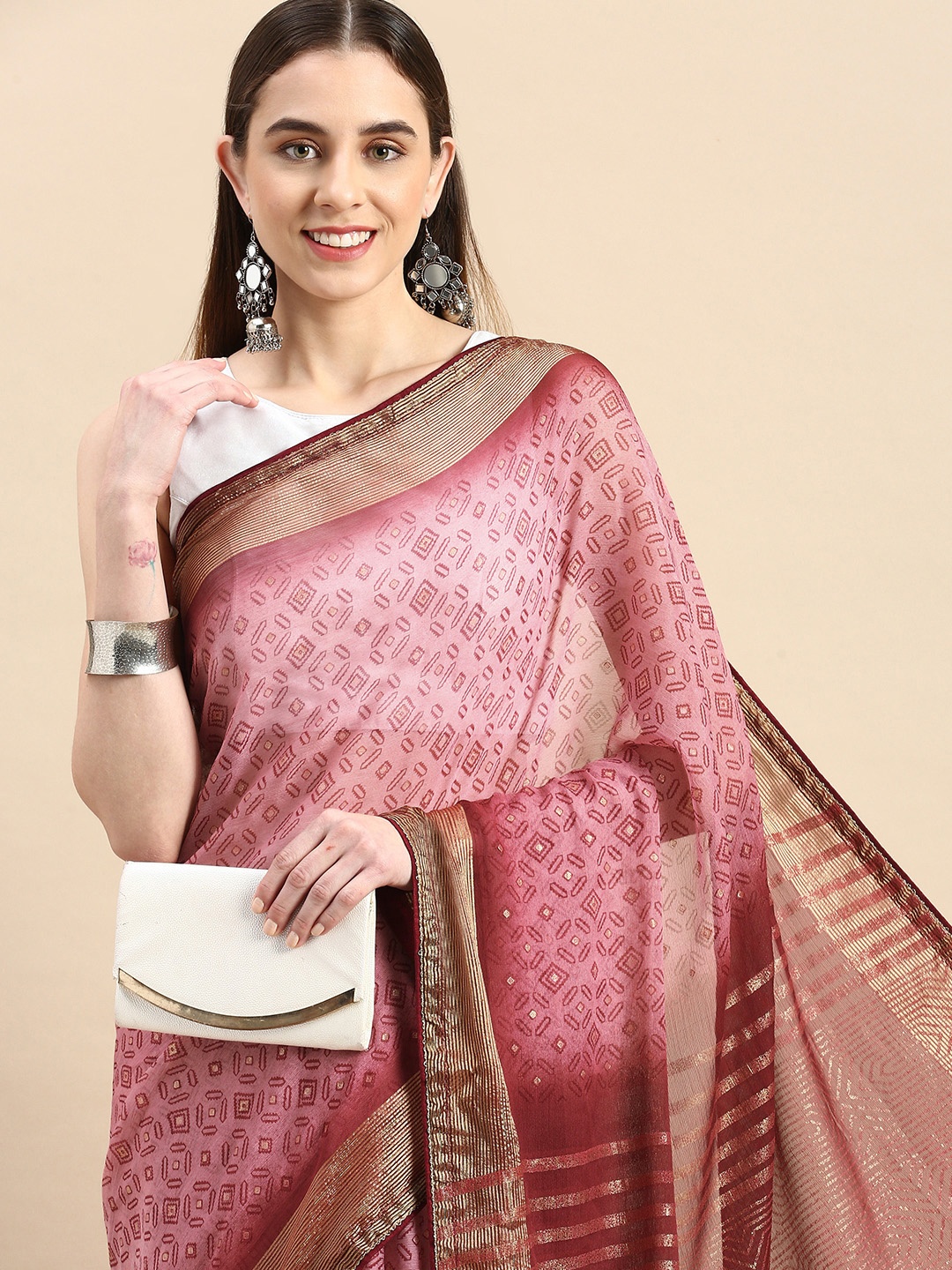 

Triveni Geometric Print Zari Saree, Pink