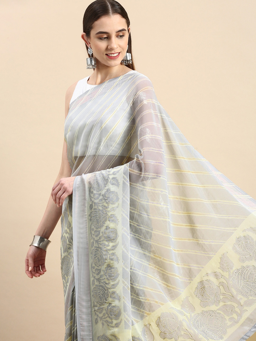 

Triveni Striped Beads & Stones Saree, Blue