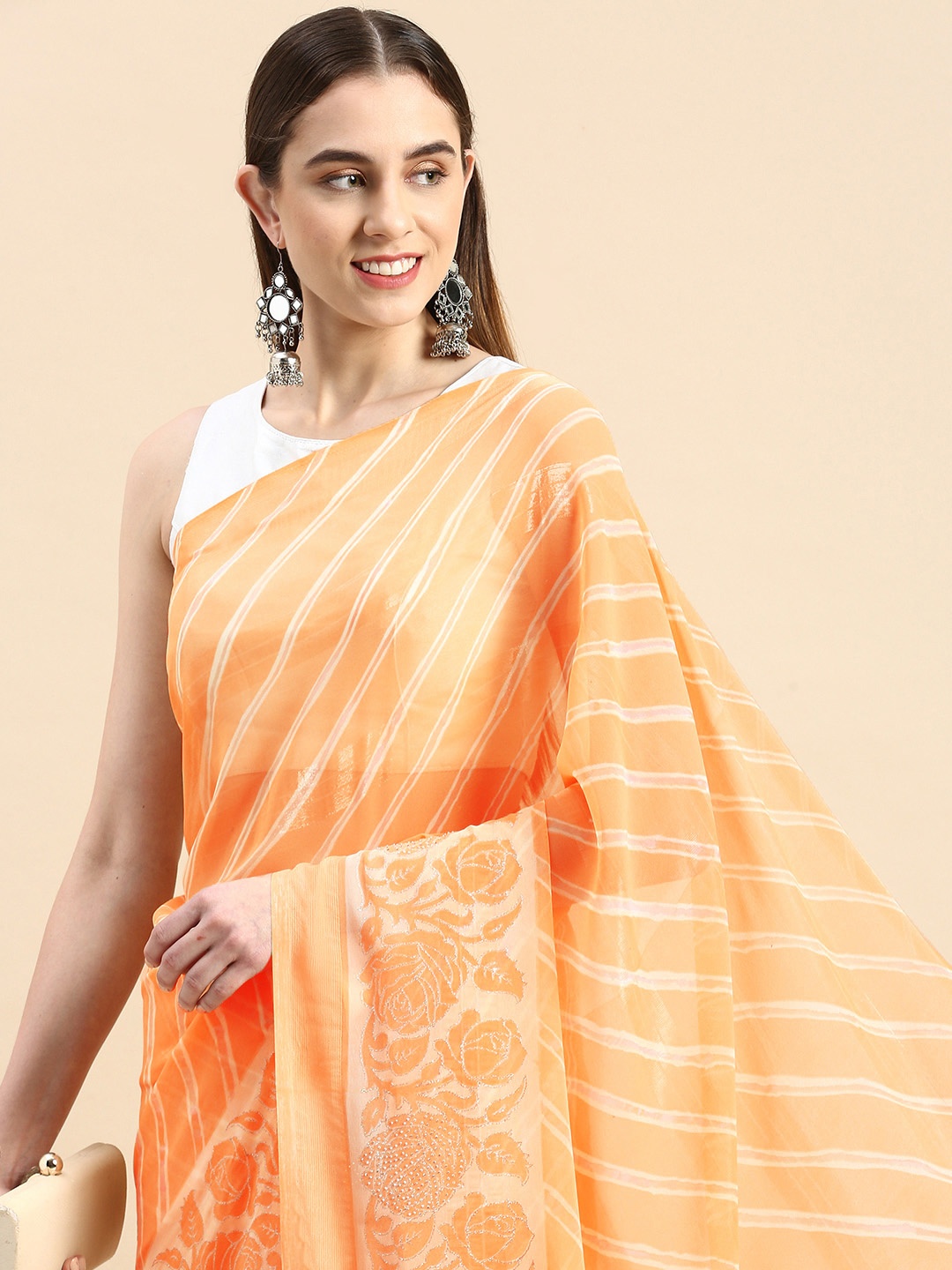 

Triveni Striped Beads & Stones Saree, Orange