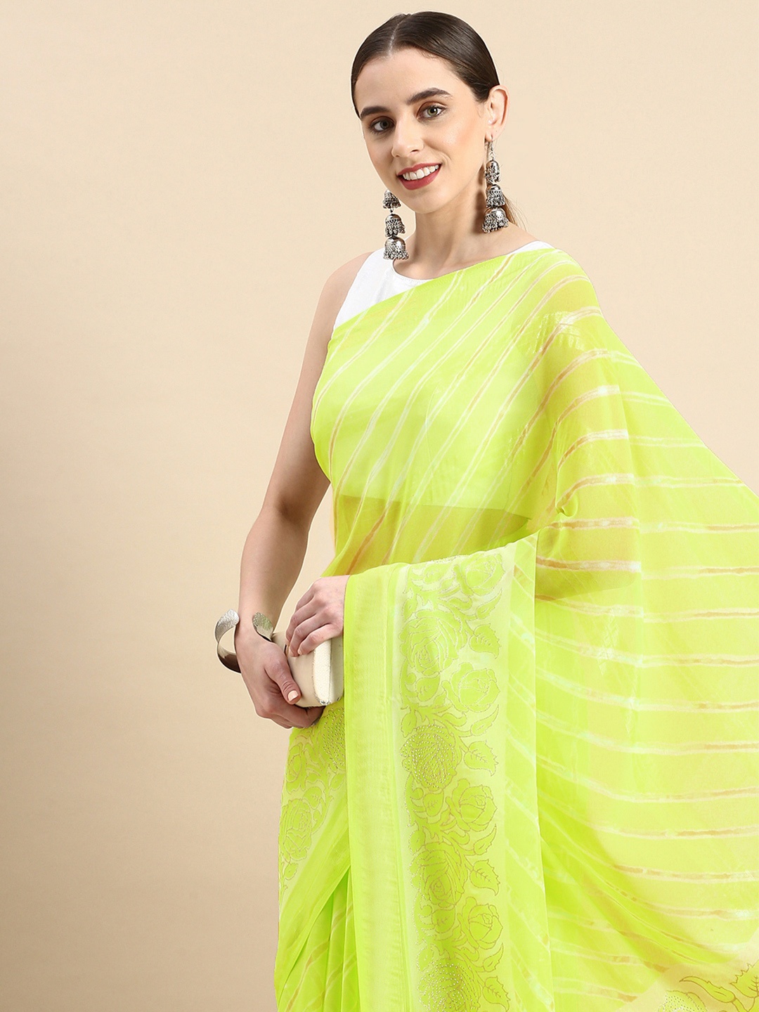 

Triveni Striped Beads & Stones Saree, Green