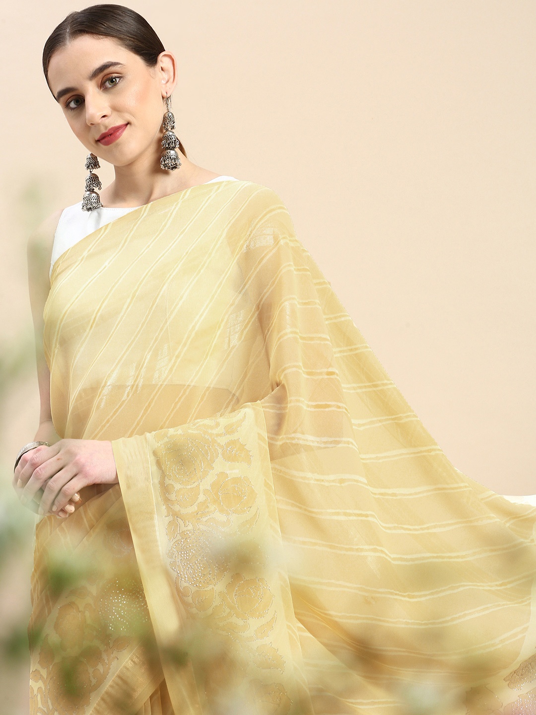 

Triveni Striped Beads & Stones Saree, Cream