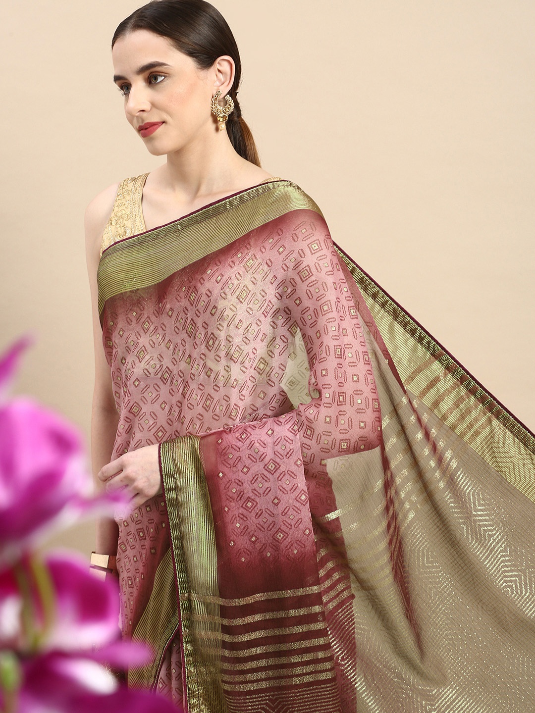 

Triveni Geometric Print Zari Saree, Purple
