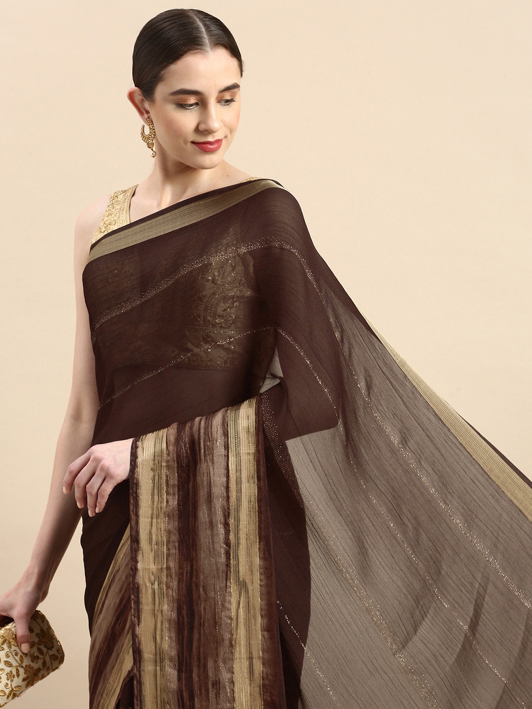 

Triveni Printed Zari Saree, Brown