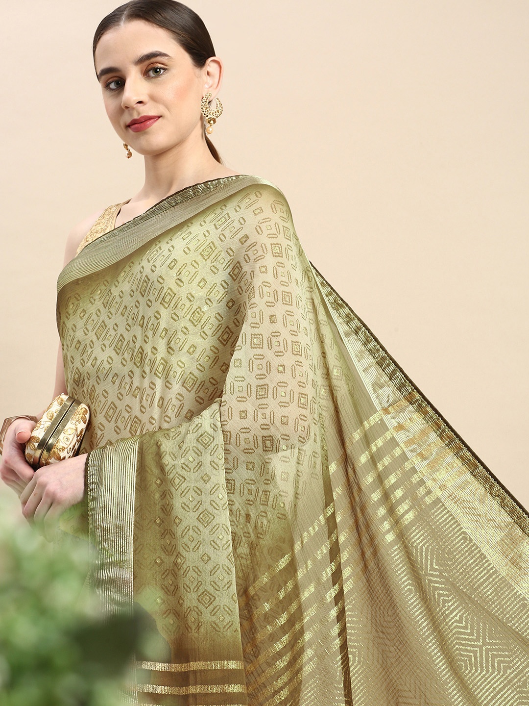 

Triveni Geometric Print Zari Saree, Olive