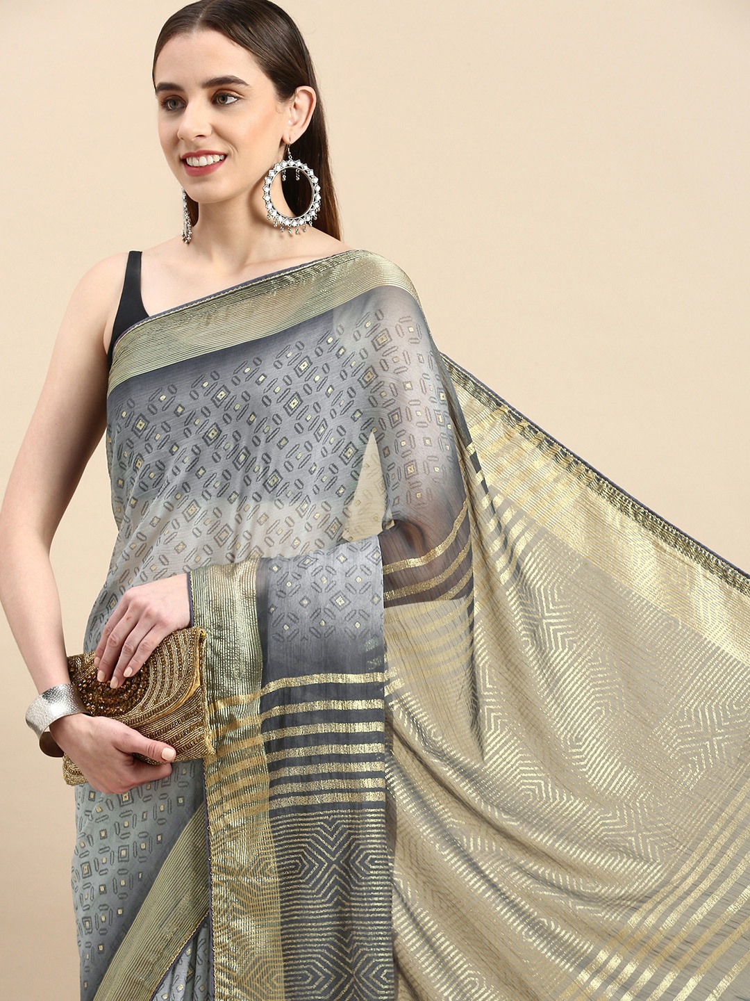 

Triveni Geometric Print Zari Saree, Blue