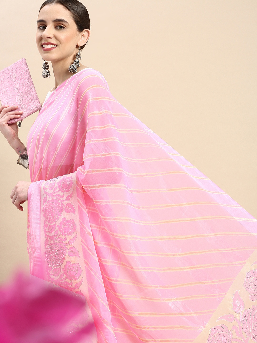 

Triveni Striped Beads & Stones Saree, Pink