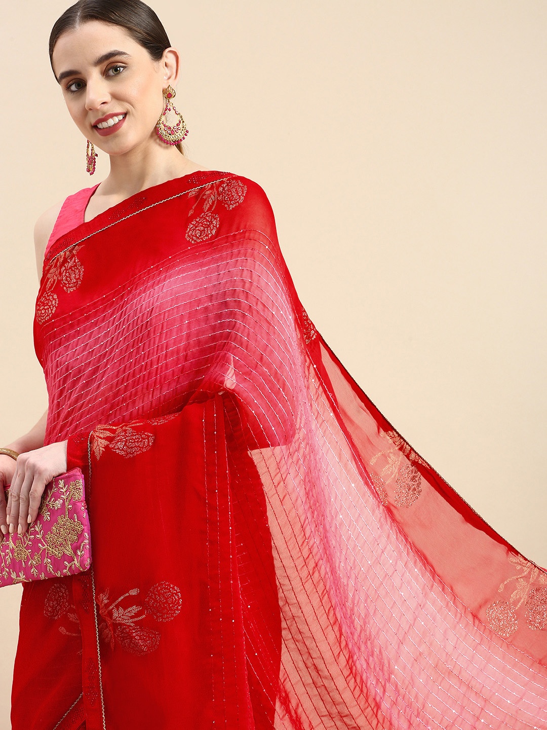 

Triveni Embellished Sequinned Saree, Red