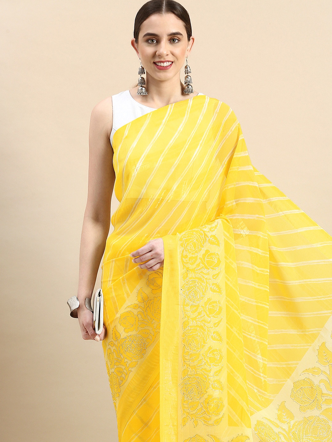 

Triveni Striped Beads & Stones Saree, Yellow