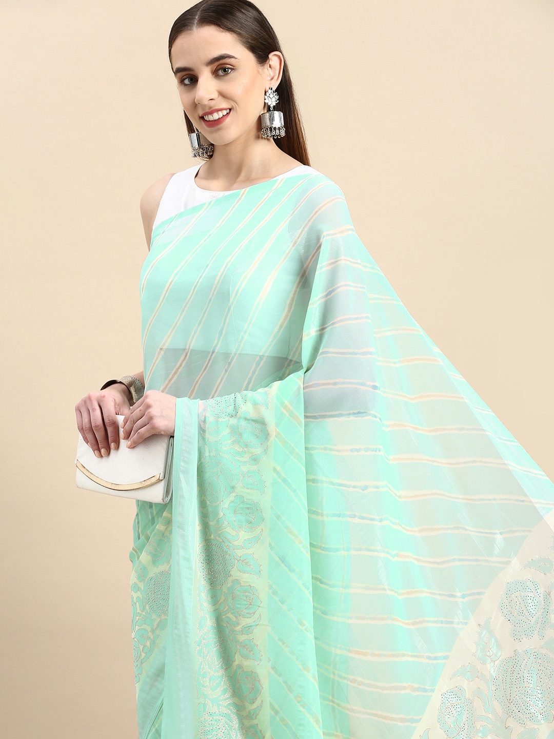 

Triveni Striped Beads & Stones Saree, Blue