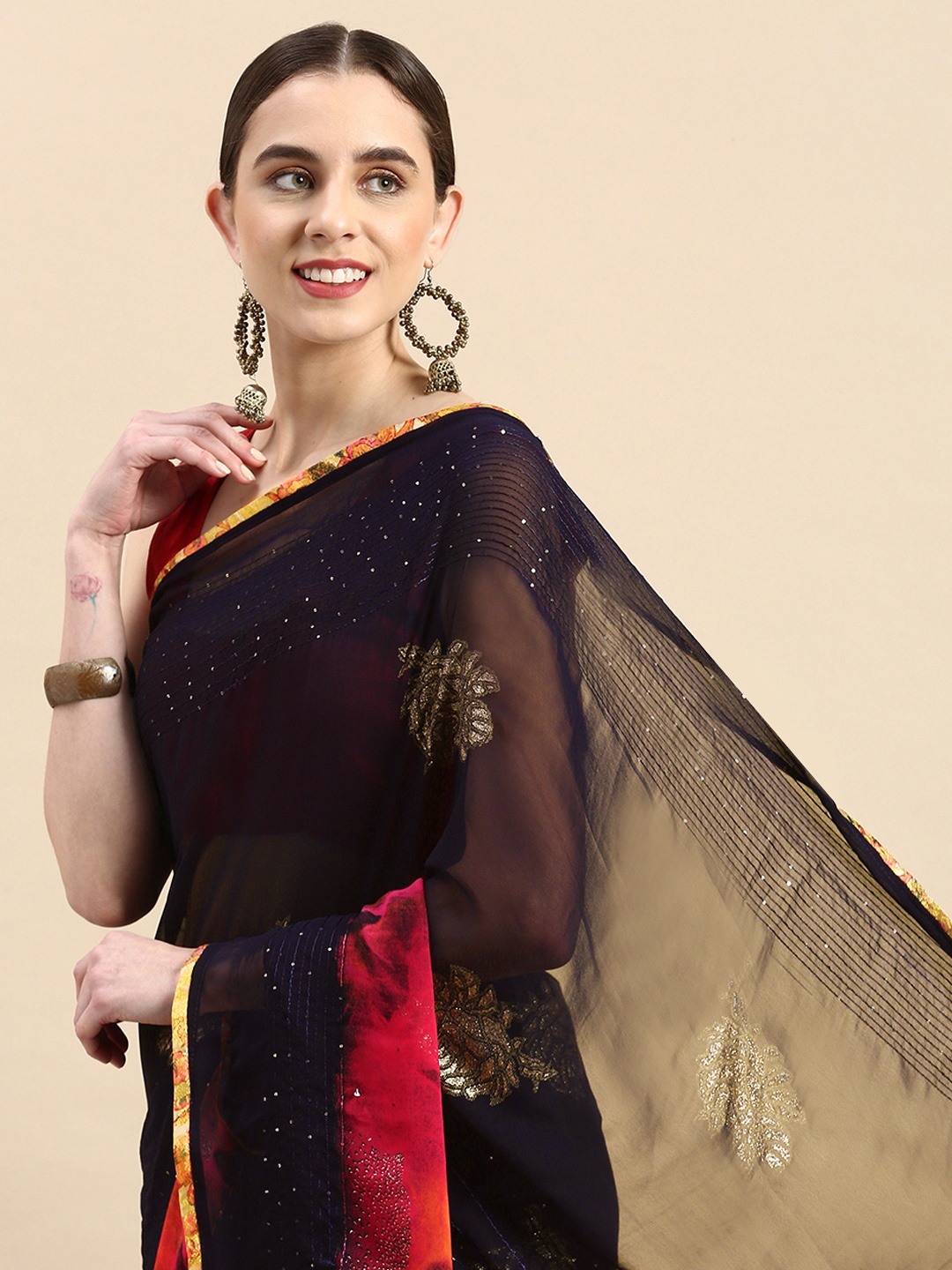 

Triveni Embellished Sequinned Saree, Navy blue