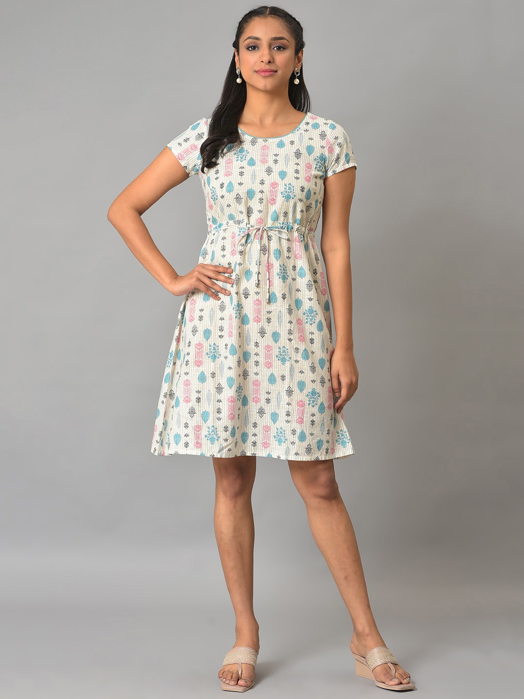 

AURELIA Ethnic Motifs A-Line Pure Cotton Dress, White