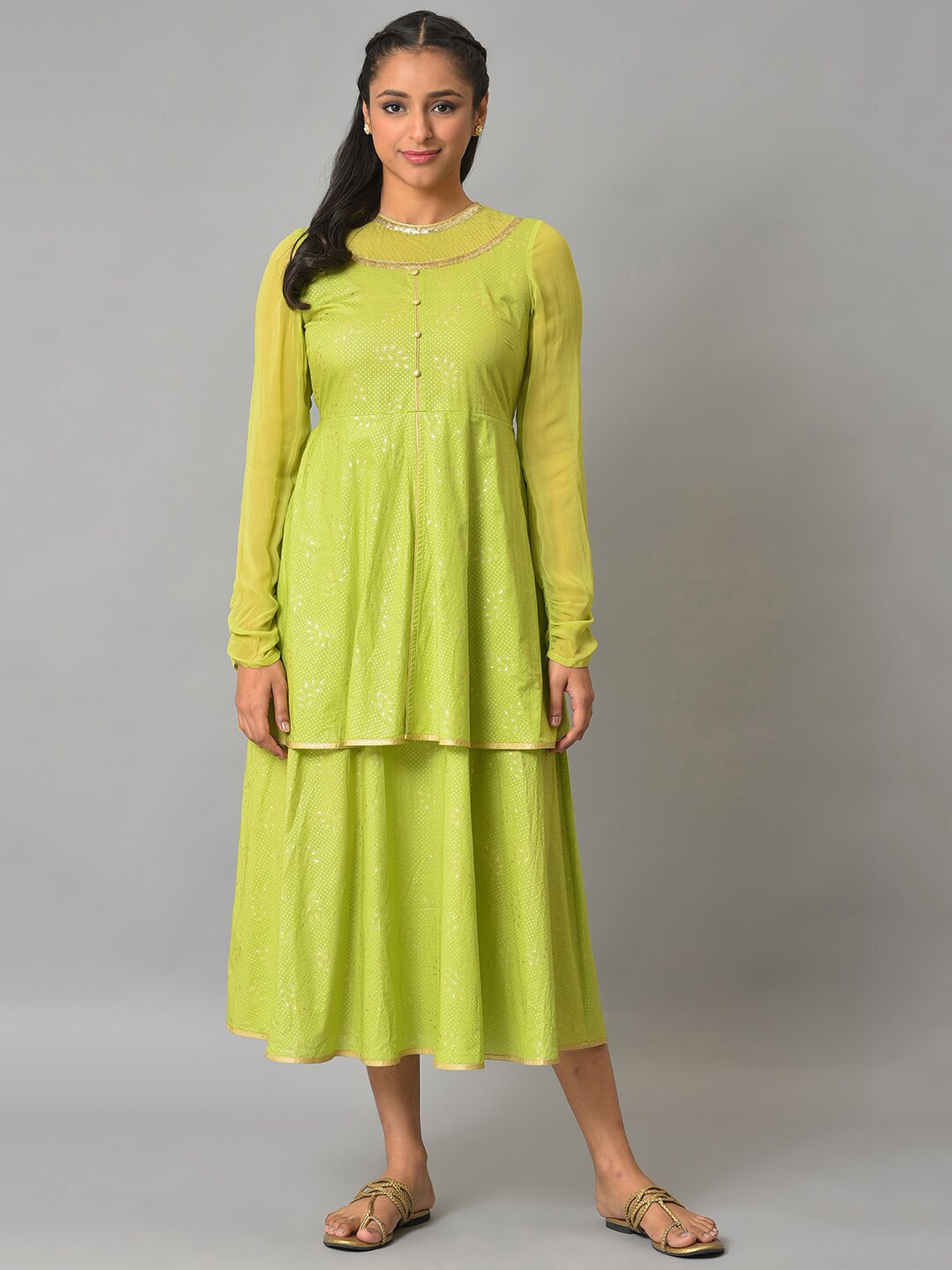 

AURELIA Ethnic Motifs Printed Layered A-Line Cotton Dress, Green