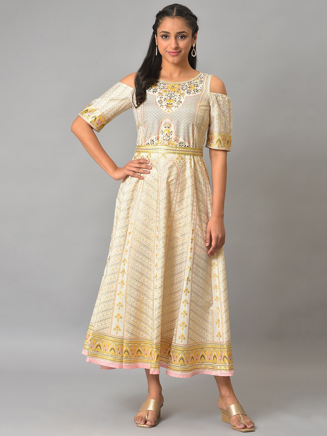 

AURELIA Ethnic Motifs Printed Cold-Shoulder Sleeves Midi Fit & Flare Ethnic Dress, Off white