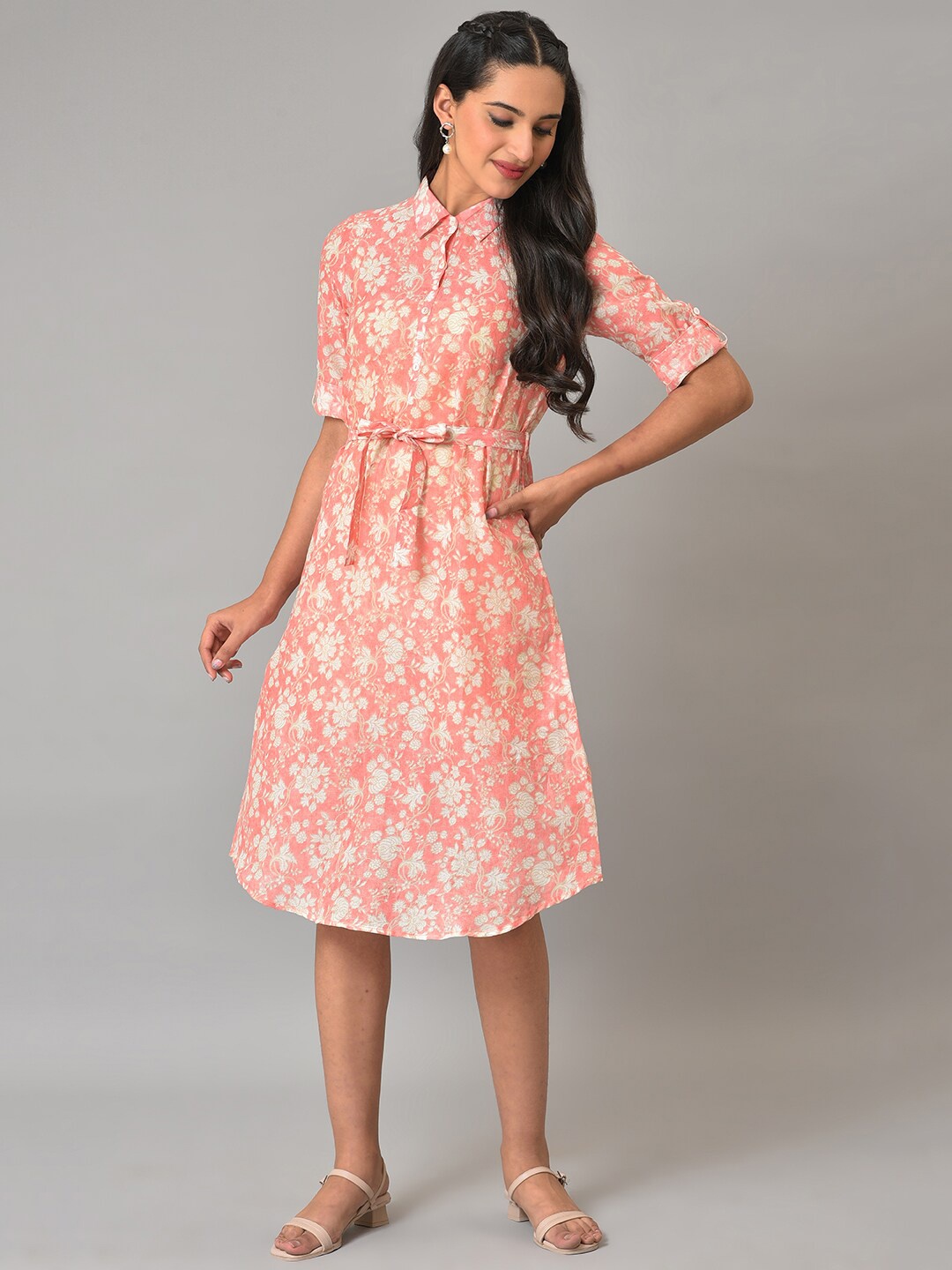 

AURELIA Floral Printed Cotton Shirt Dress, Peach