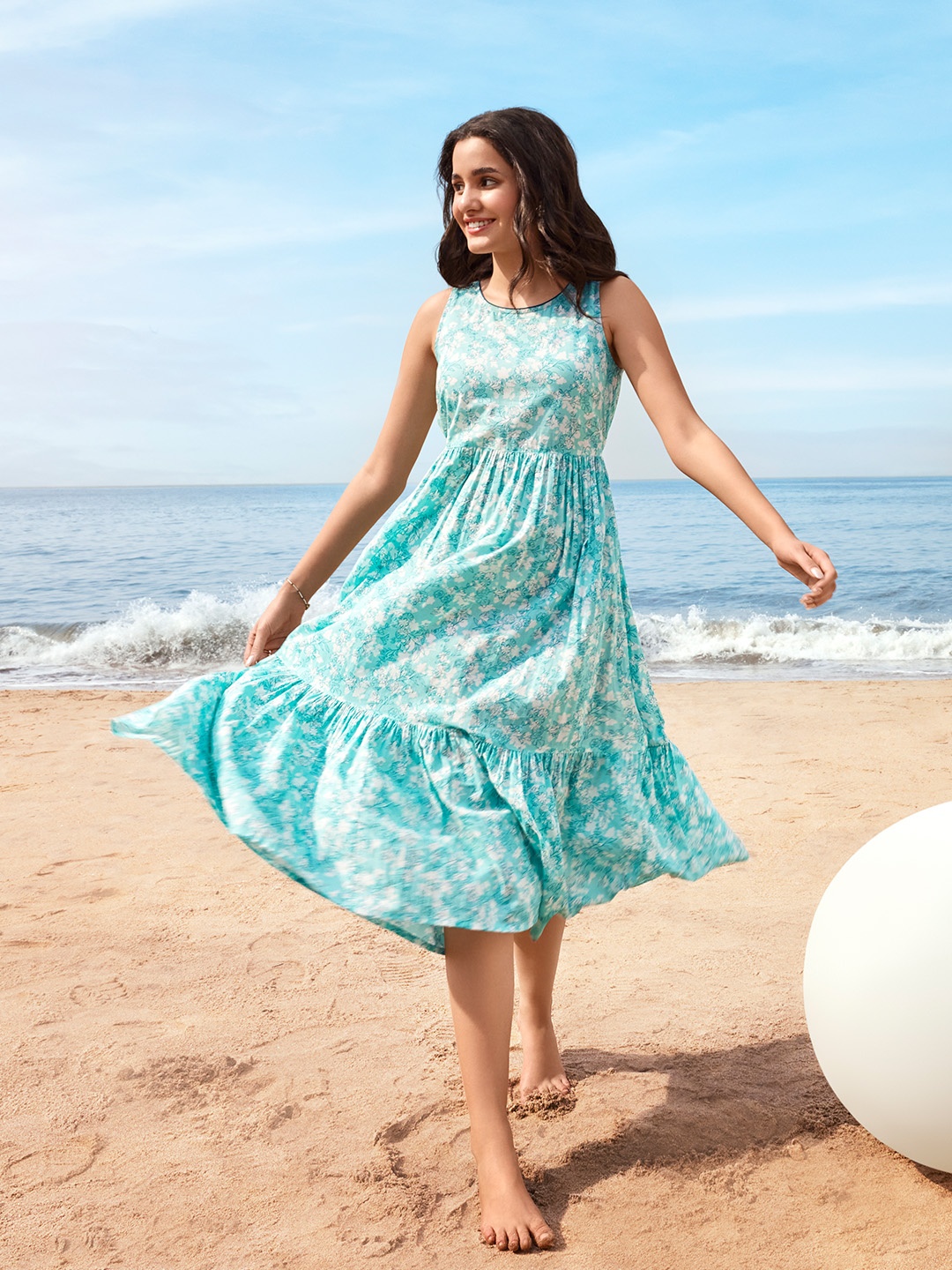 

AURELIA Floral Printed Flounce Hemline Pure Cotton Midi Fit & Flare Dress, Blue