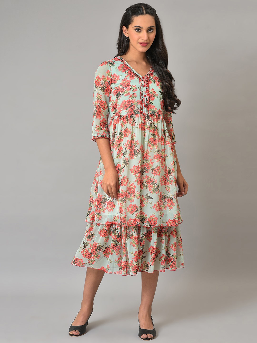 

AURELIA Floral Printed Layered Midi Fit & Flare Dress, Blue