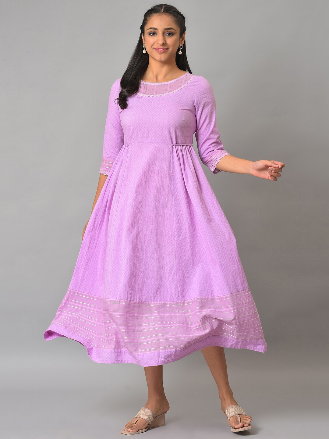 

AURELIA Self Design Midi Cotton Dress, Lavender