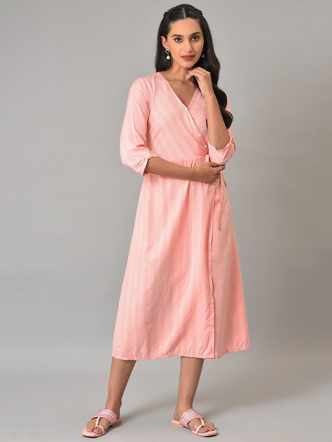 

AURELIA Striped V-Neck Midi Wrap Dress, Peach