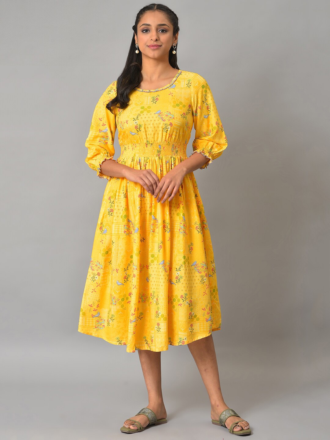 

AURELIA Ethnic Motifs Printed Midi Cotton Dress, Yellow