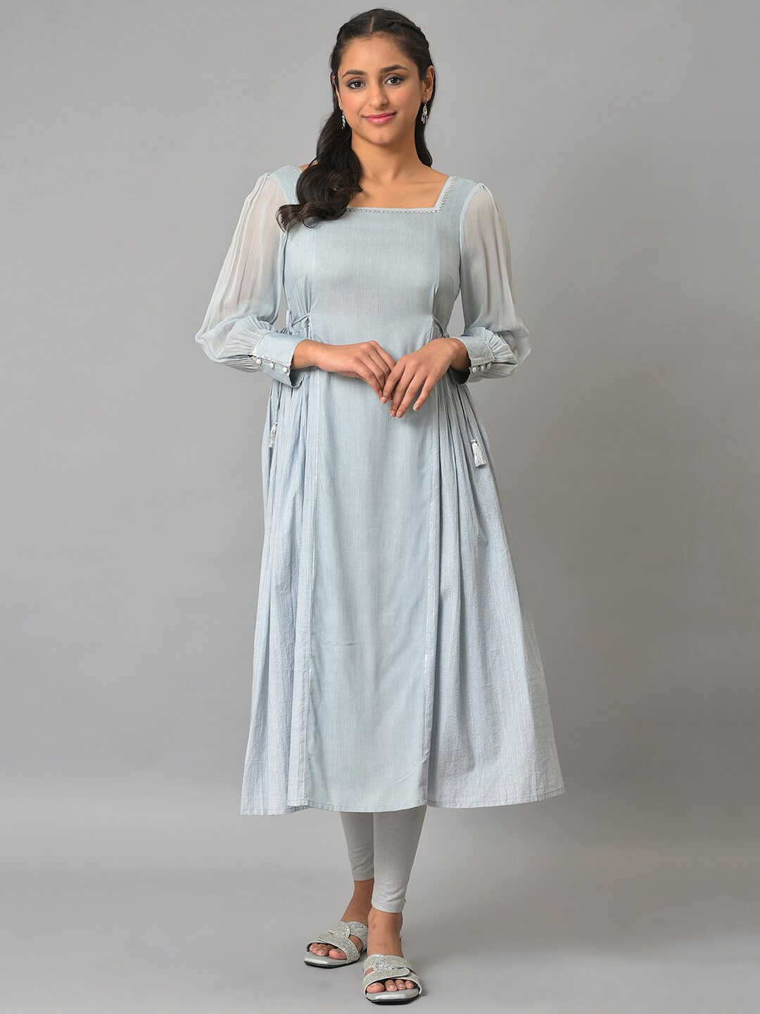 

AURELIA Puff Sleeves Square Neck A-Line Kurta, Blue