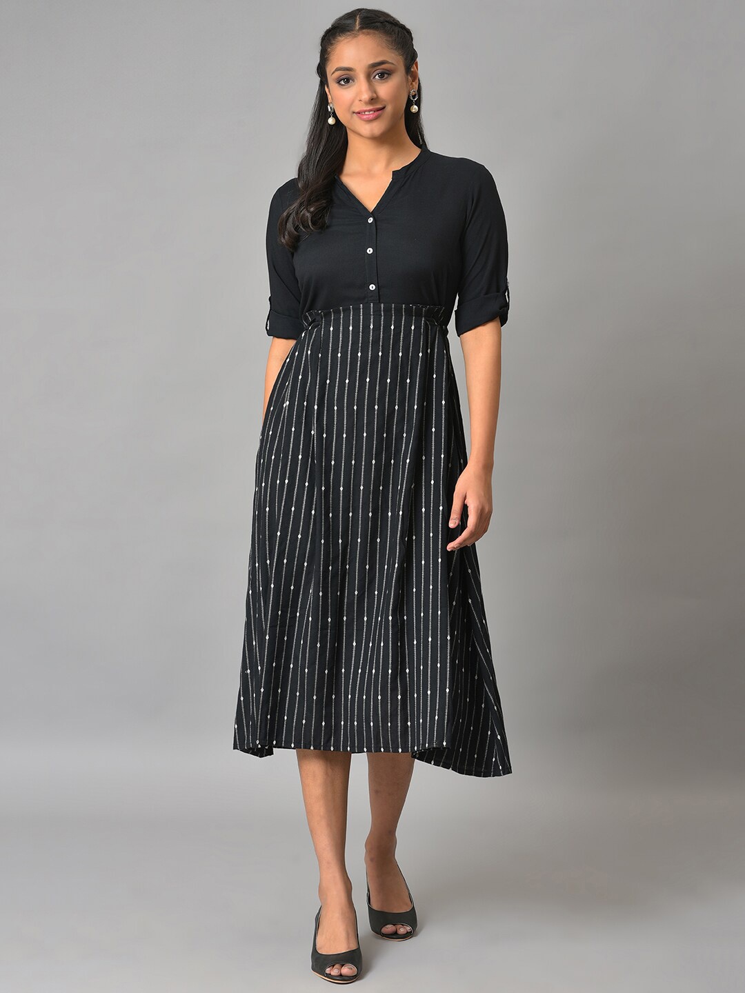 

AURELIA Mandarin Collar Midi Dress, Black