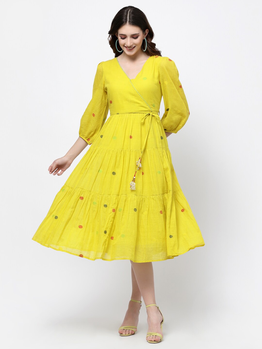 

TERQUOIS Polka Dots Printed Tiered Midi Pure Cotton Fit & Flare Dress, Yellow