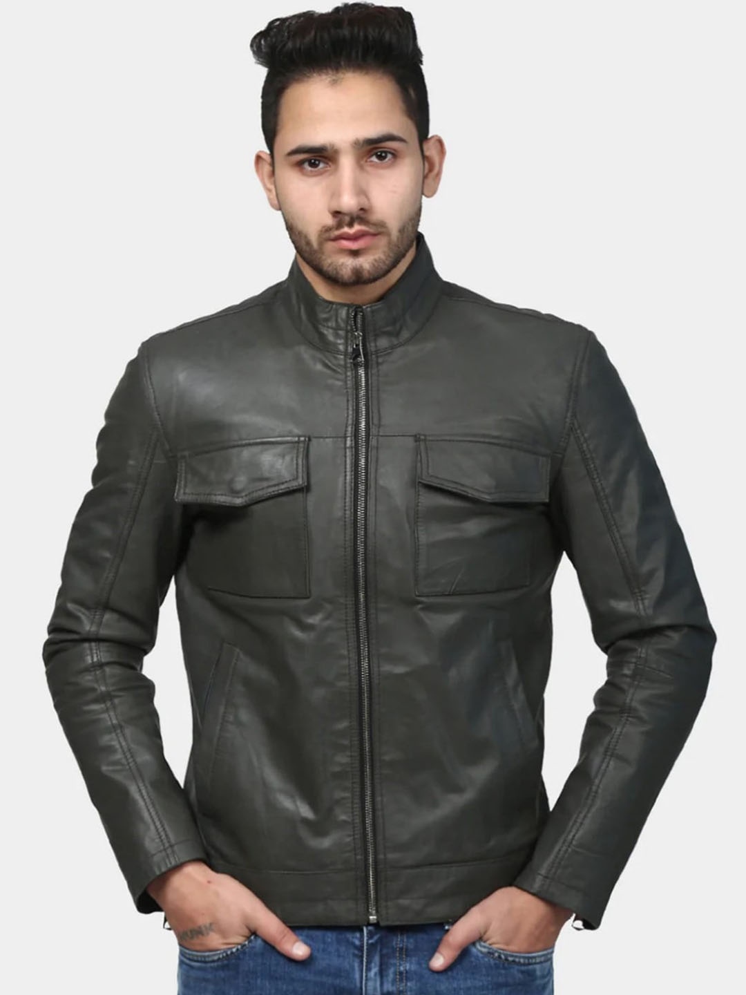 

Justanned Men Leather Lightweight Biker Jacket, Grey