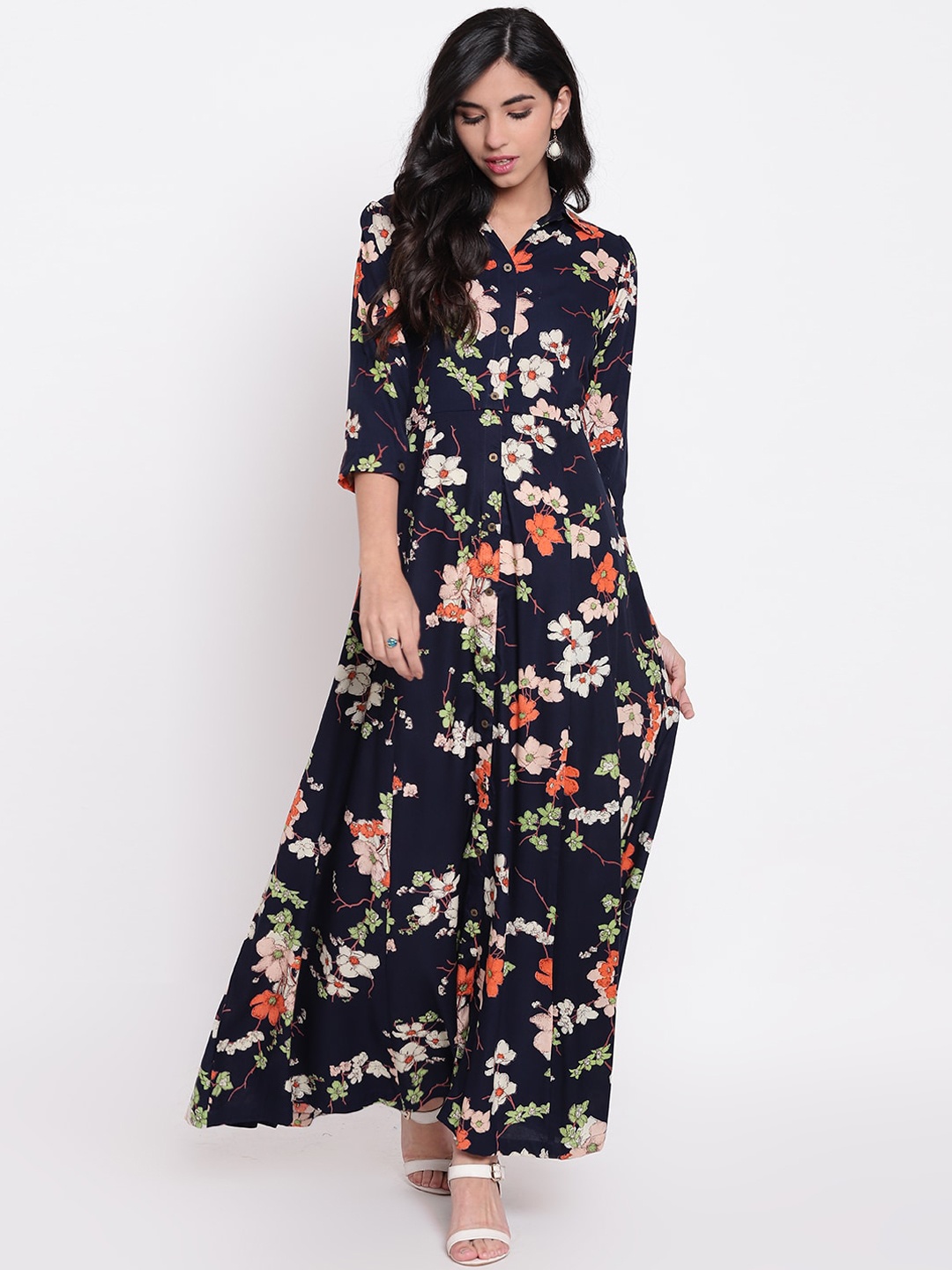 

Divena Women Plus Size Floral Printed Floral Ethnic Dress, Navy blue