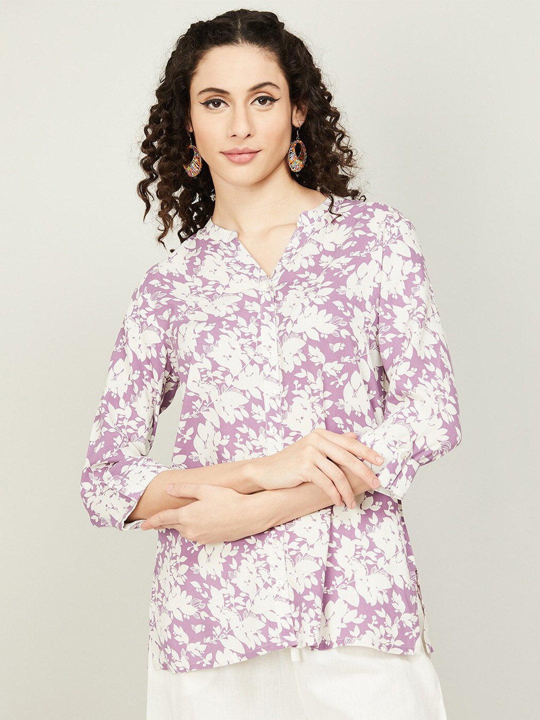 

Melange by Lifestyle Floral Print Band Collar Shirt Style Top, Lavender