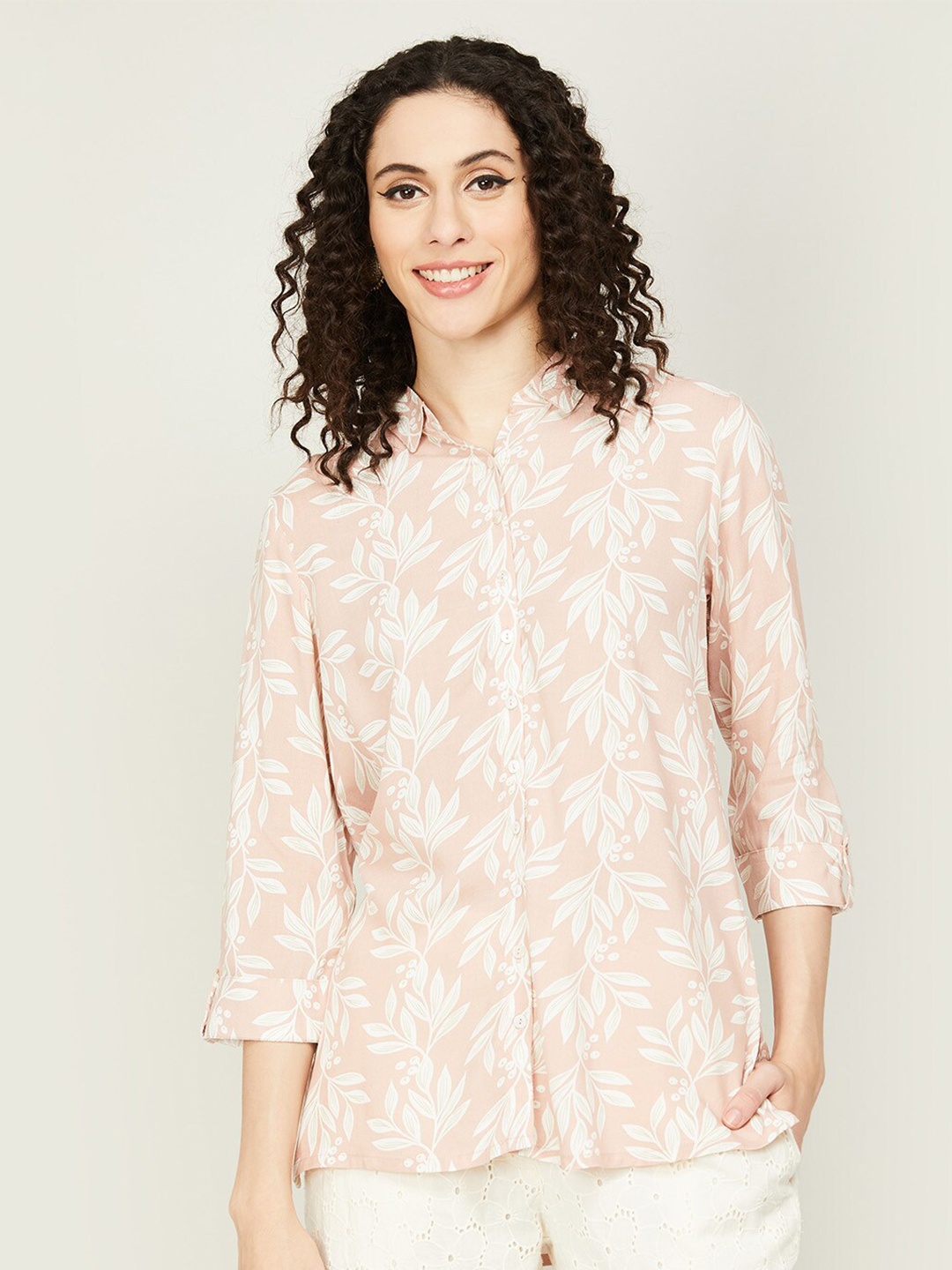 

Melange by Lifestyle Floral Print Band Collar Shirt Style Top, Pink