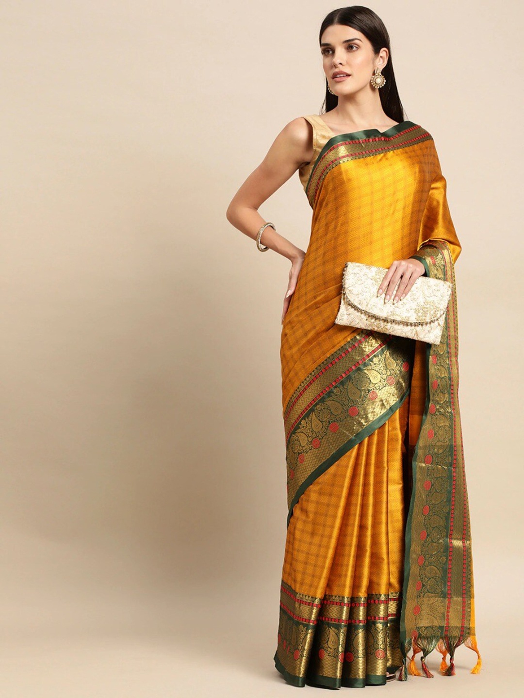 

WILORI Checked Zari Silk Cotton Kanjeevaram Saree, Mustard
