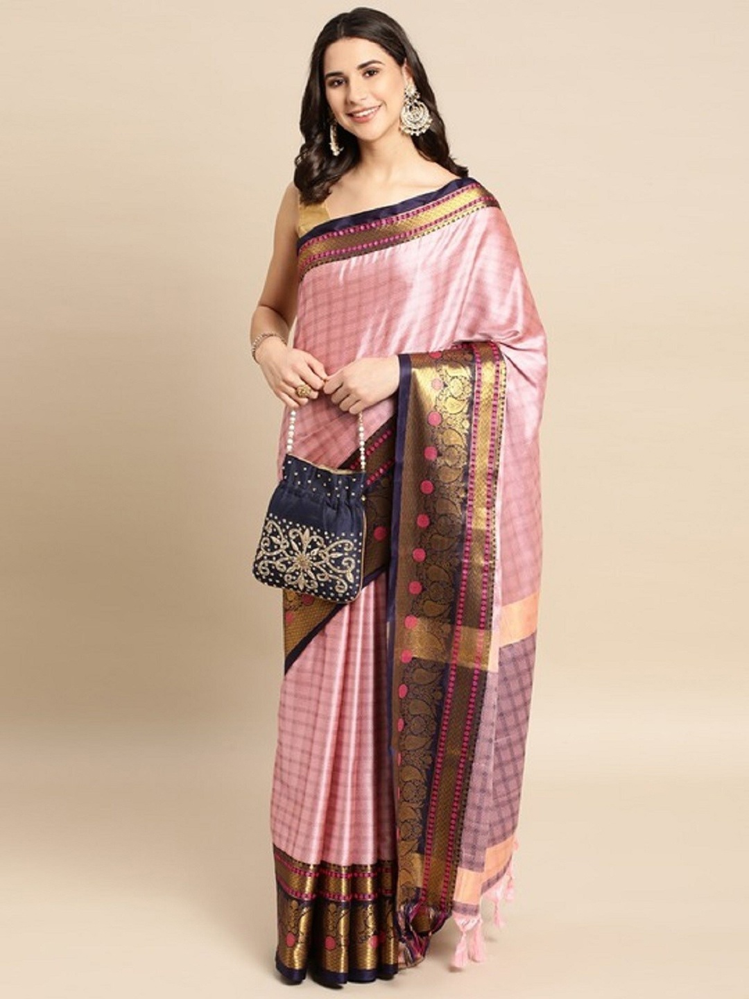 

WILORI Checked Zari Silk Cotton Kanjeevaram Saree, Rose