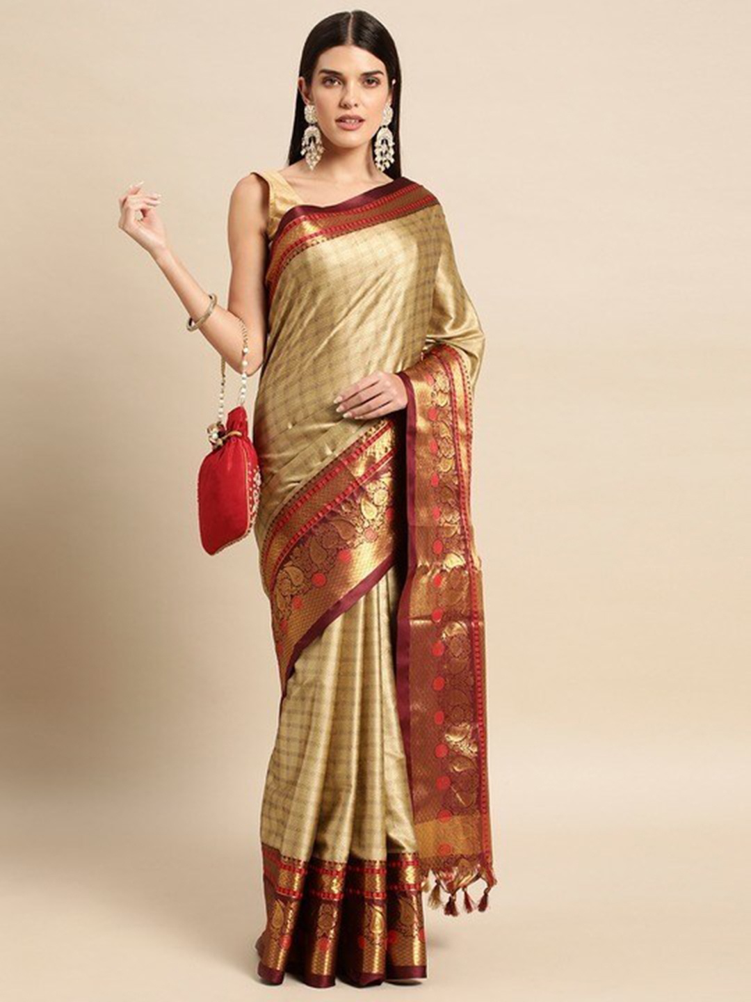

WILORI Checked Zari Silk Cotton Kanjeevaram Saree, Beige