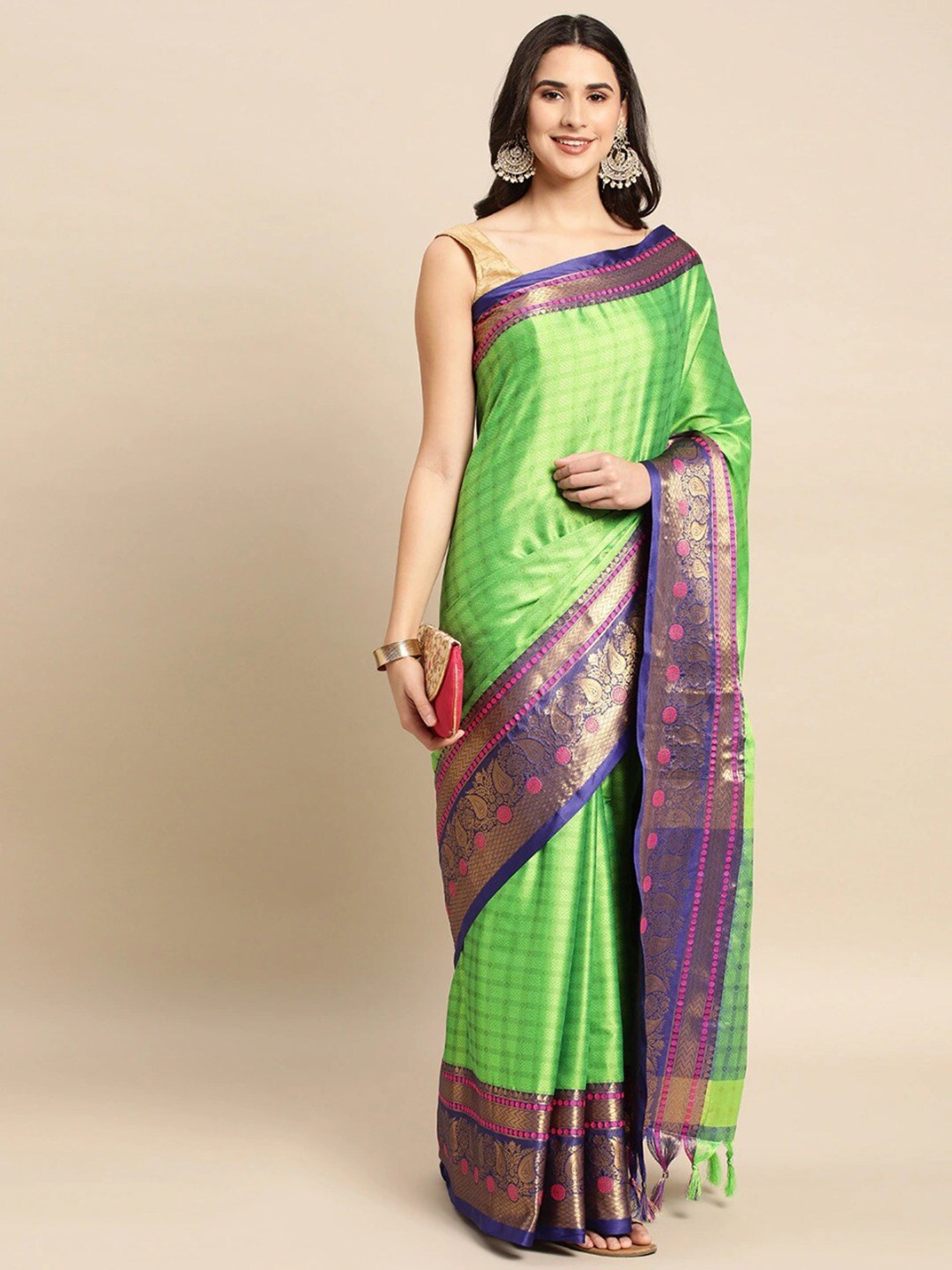 

WILORI Woven Design Zari Kanjeevaram Saree, Green