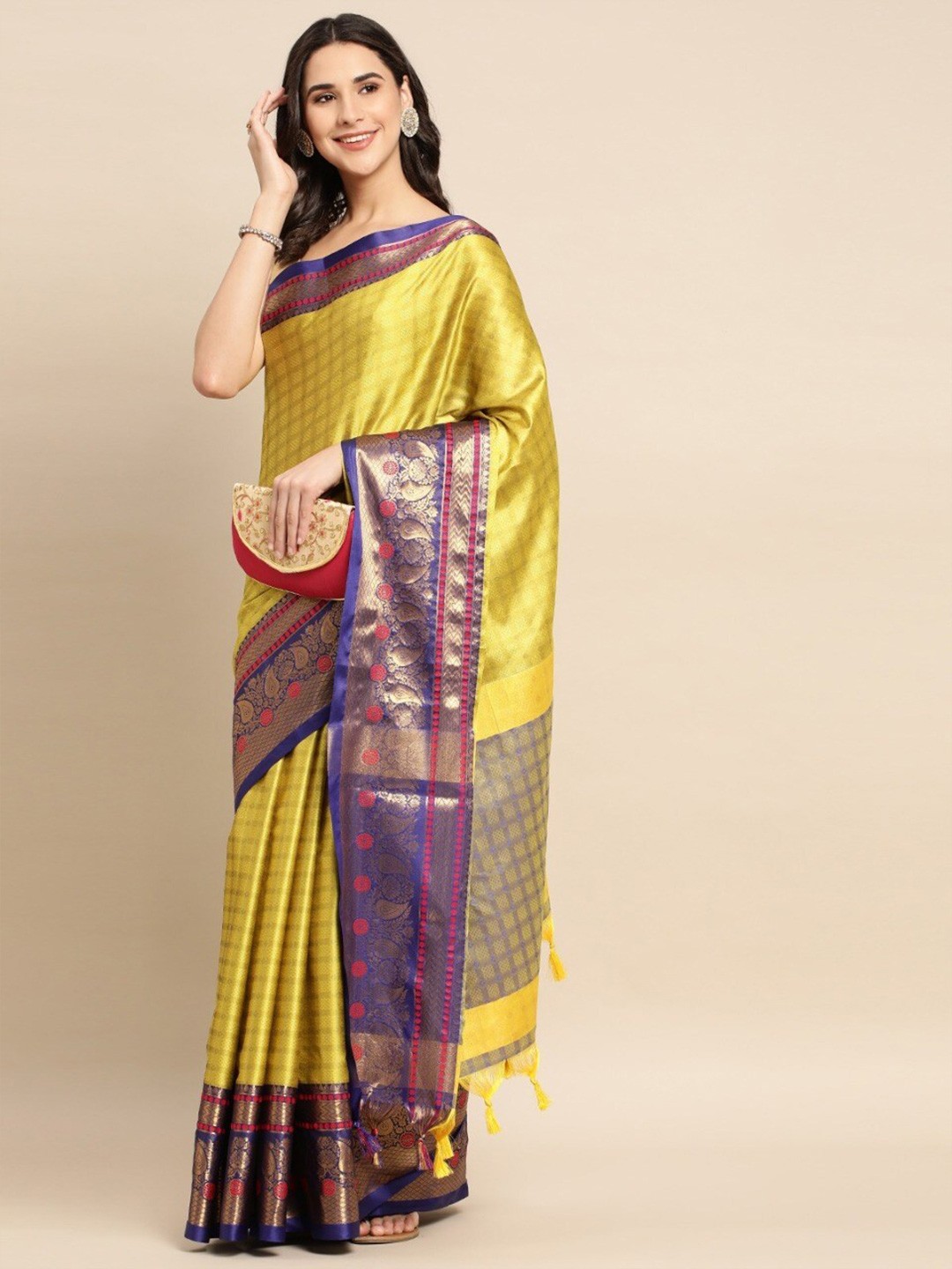 

WILORI Woven Design Zari Kanjeevaram Saree, Yellow