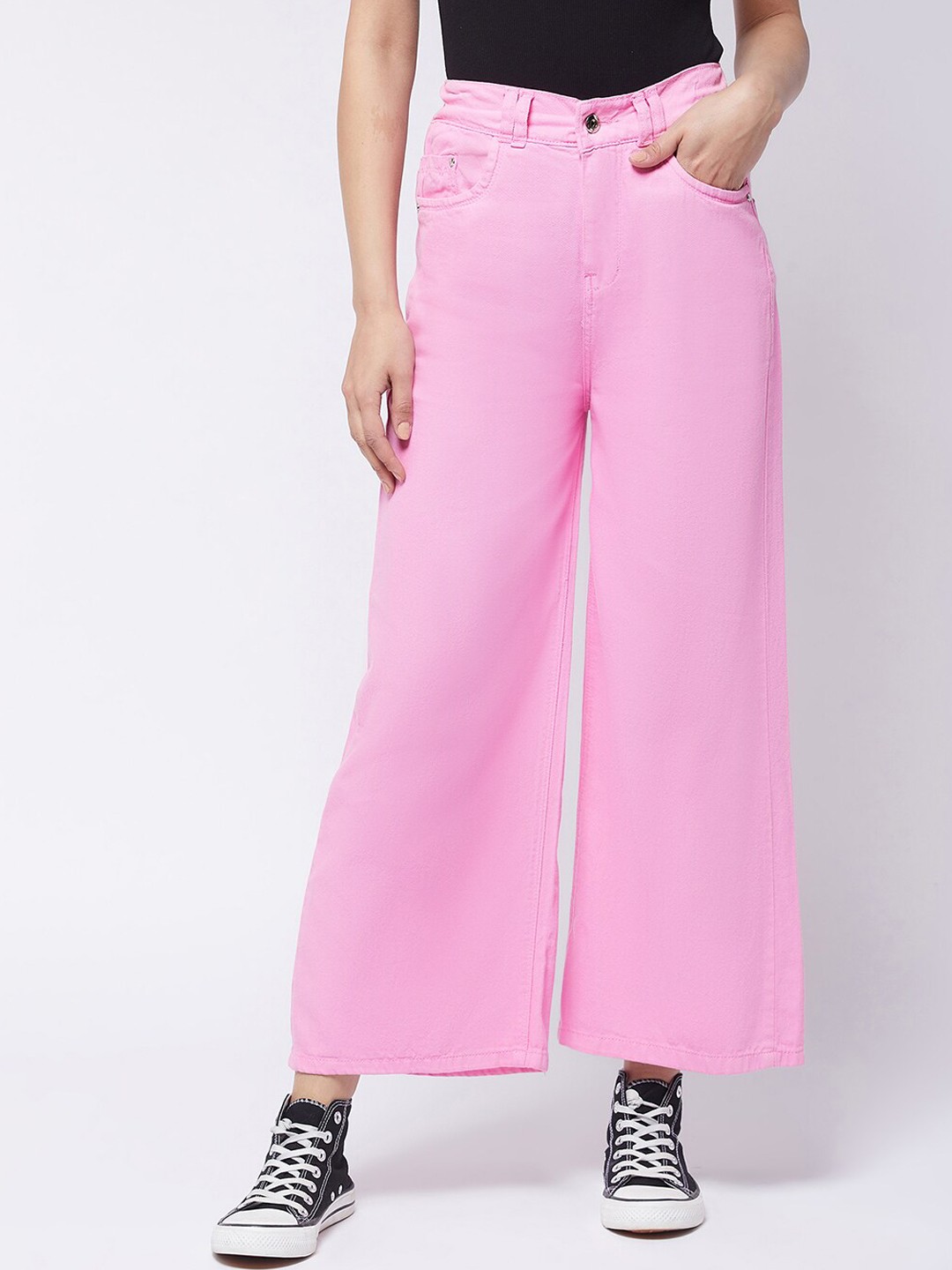 

Purple Feather Women Wide Leg High-Rise Cotton Mildly Distressed Jeans, Pink