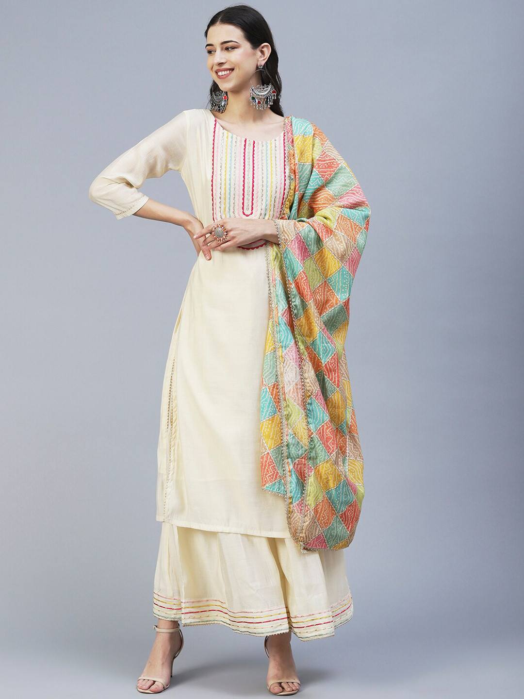 

FASHOR Women Ethnic Motifs Embroidered Thread Work Kurta with Palazzos & With Dupatta, Cream