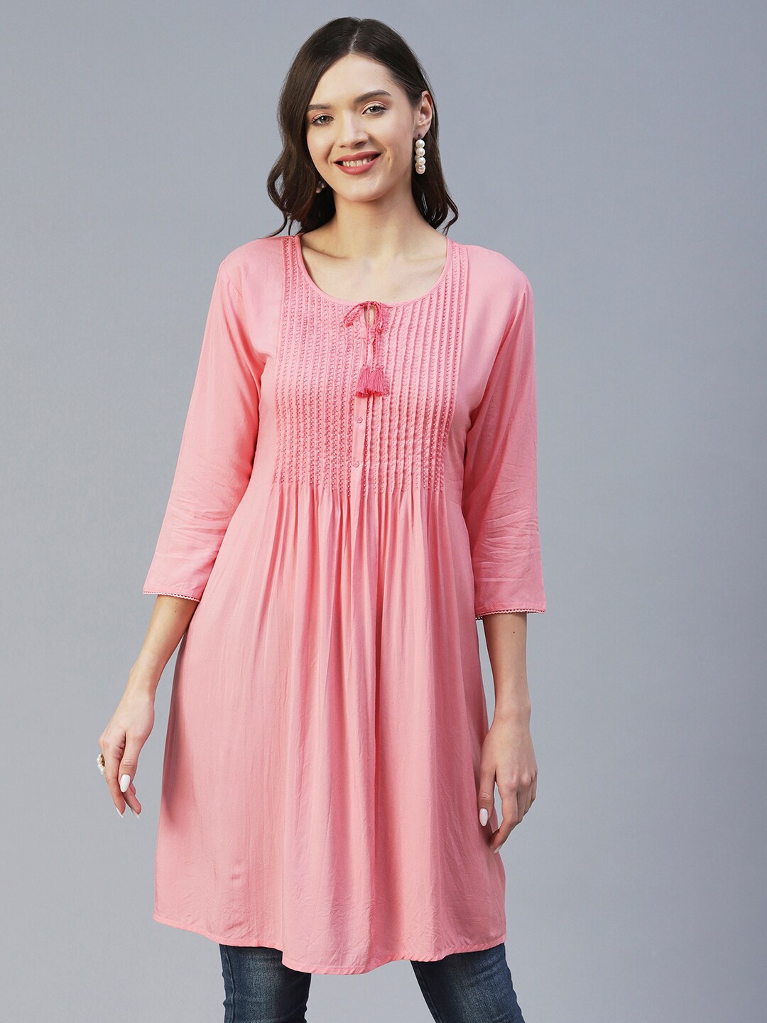 

FASHOR Women Geometric Embroidered Yoke Design Kurti, Pink