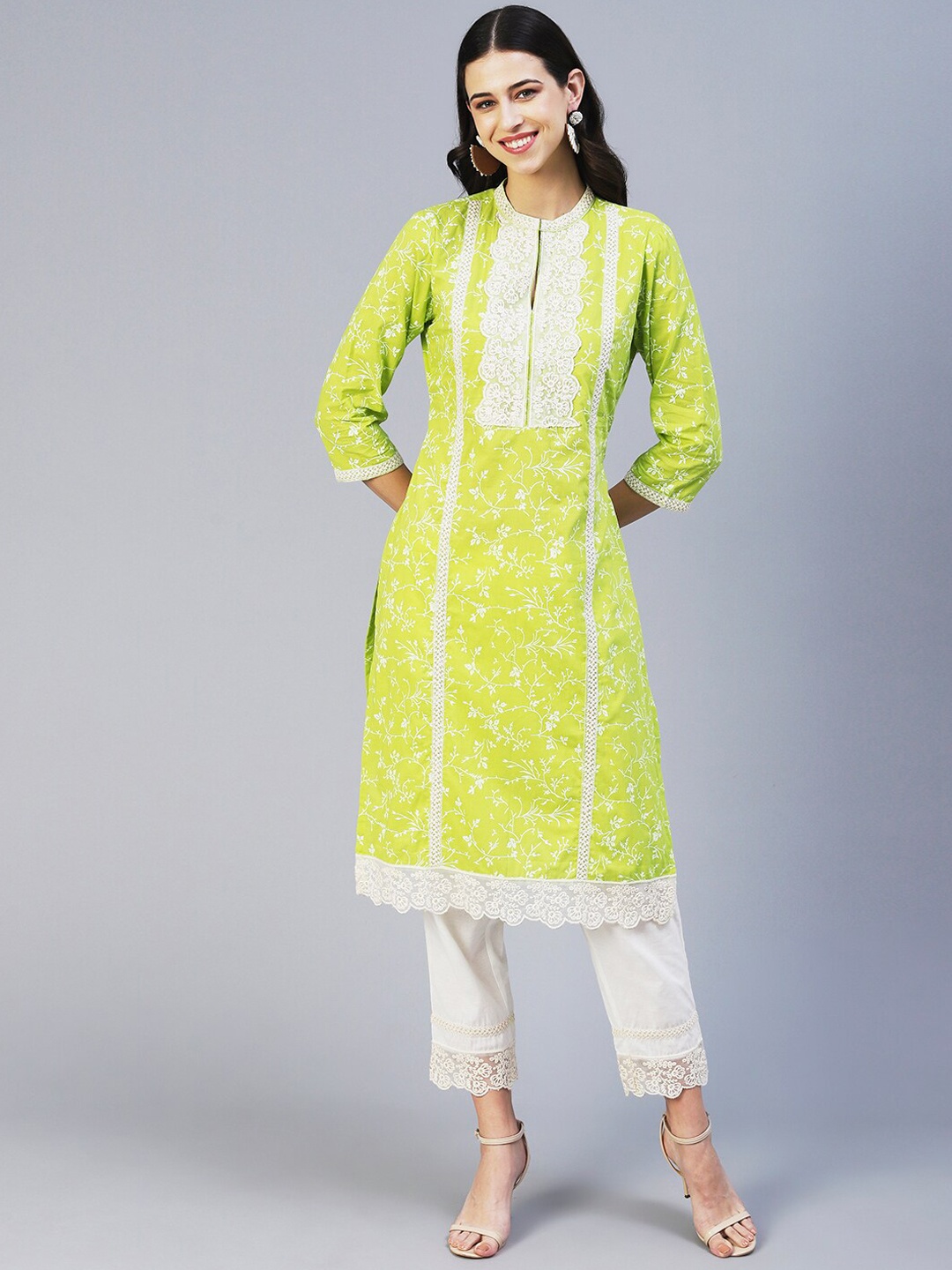 

FASHOR Women Floral Printed Pure Cotton Kurta with Trousers, Lime green