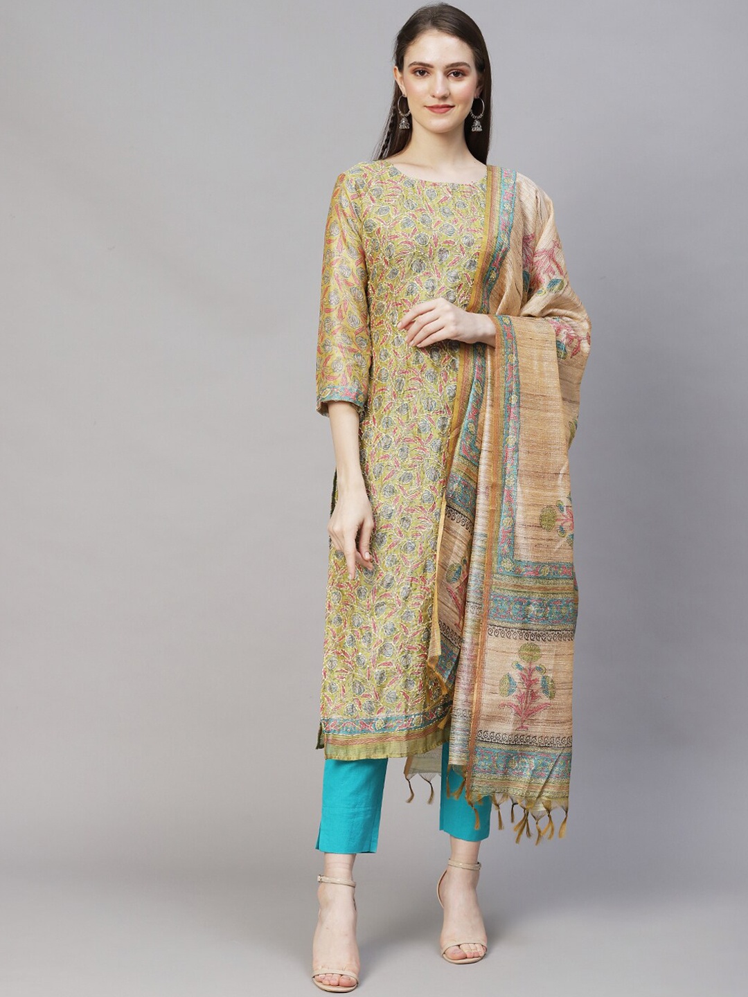 

FASHOR Women Ethnic Motifs Printed Chanderi Silk Kurta With Dupatta, Green