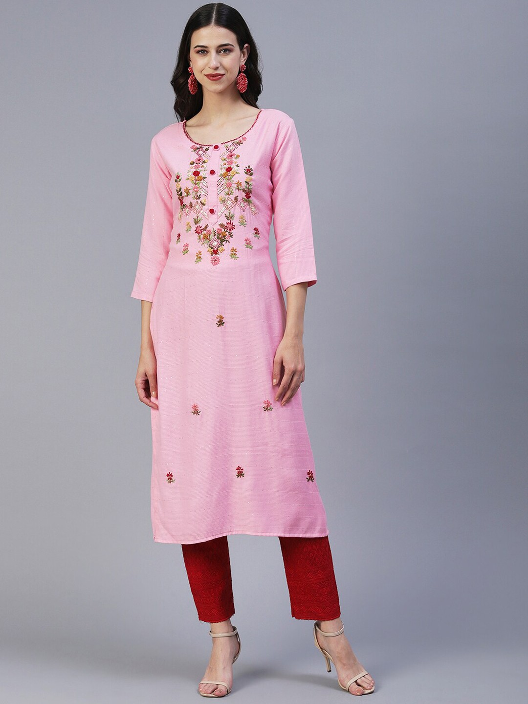 

FASHOR Women Floral Yoke Design Thread Work Kurta, Pink