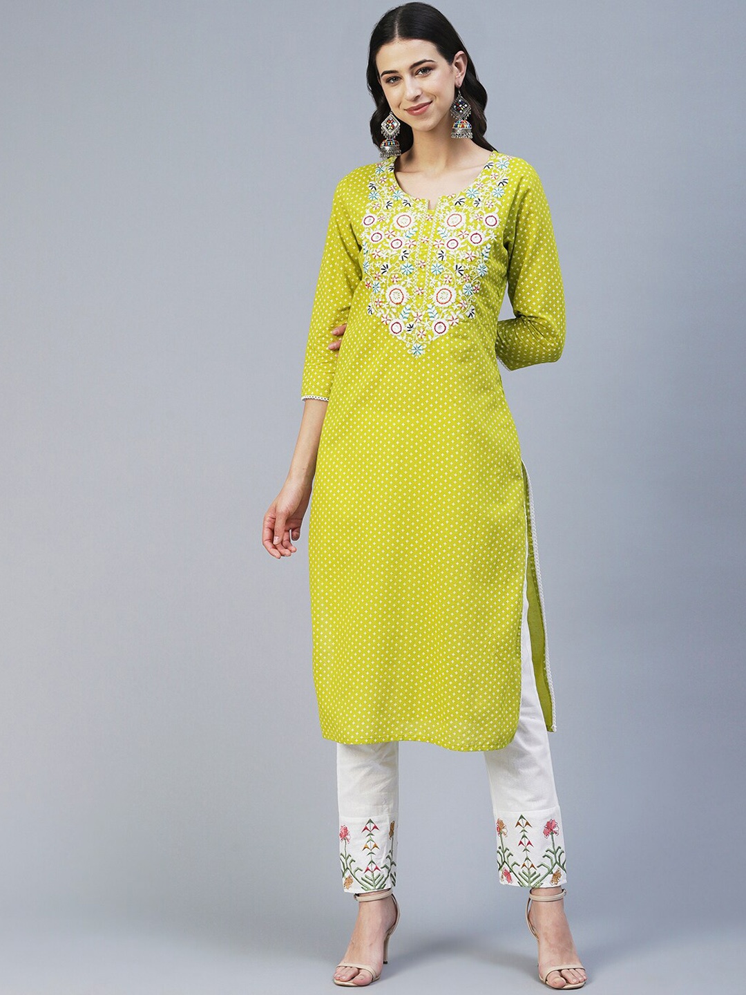 

FASHOR Women Geometric Yoke Design Kurta, Lime green